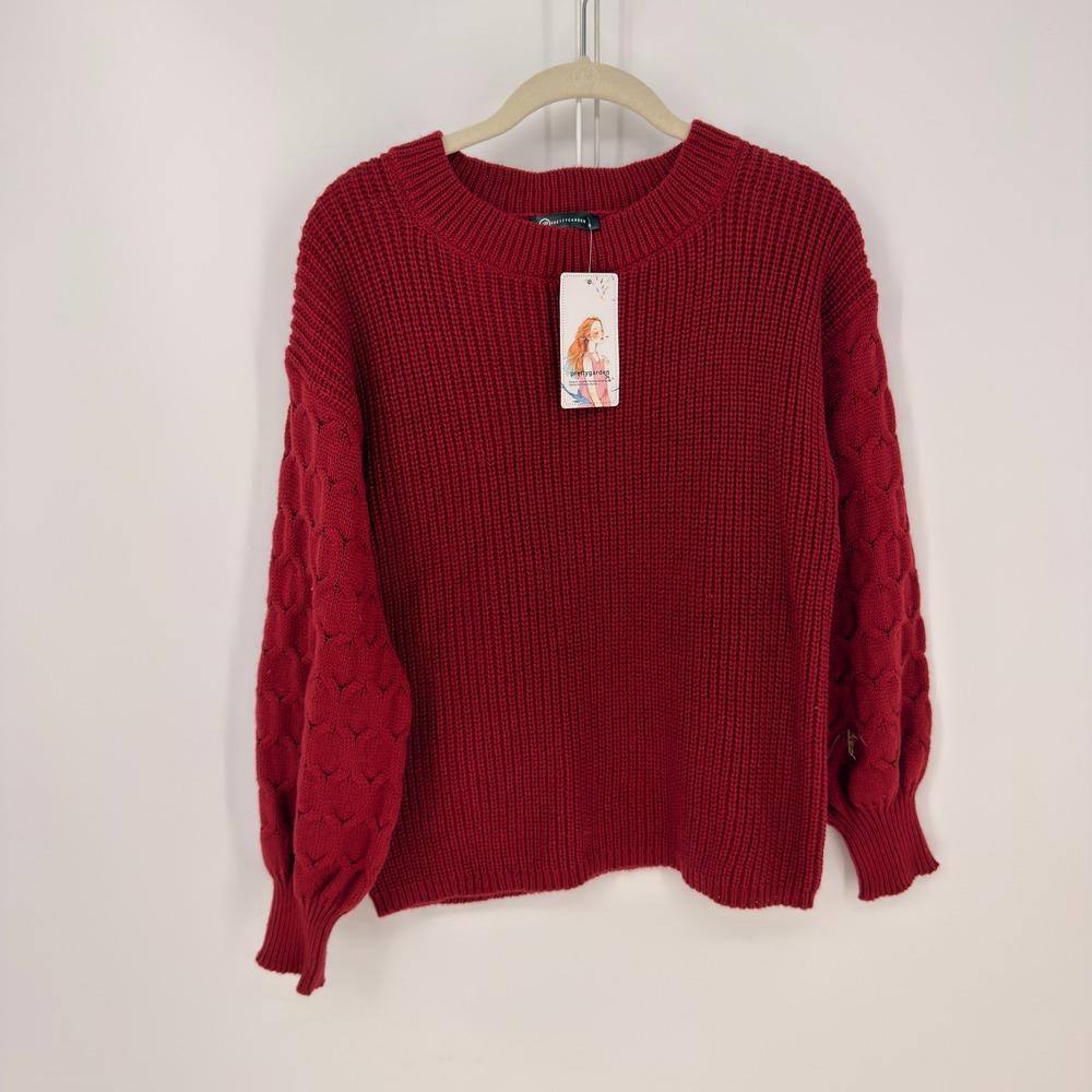 PrettyGarden Sweater Women Small Red Cable Knit Lantern Sleeve Boho Cozy Holiday